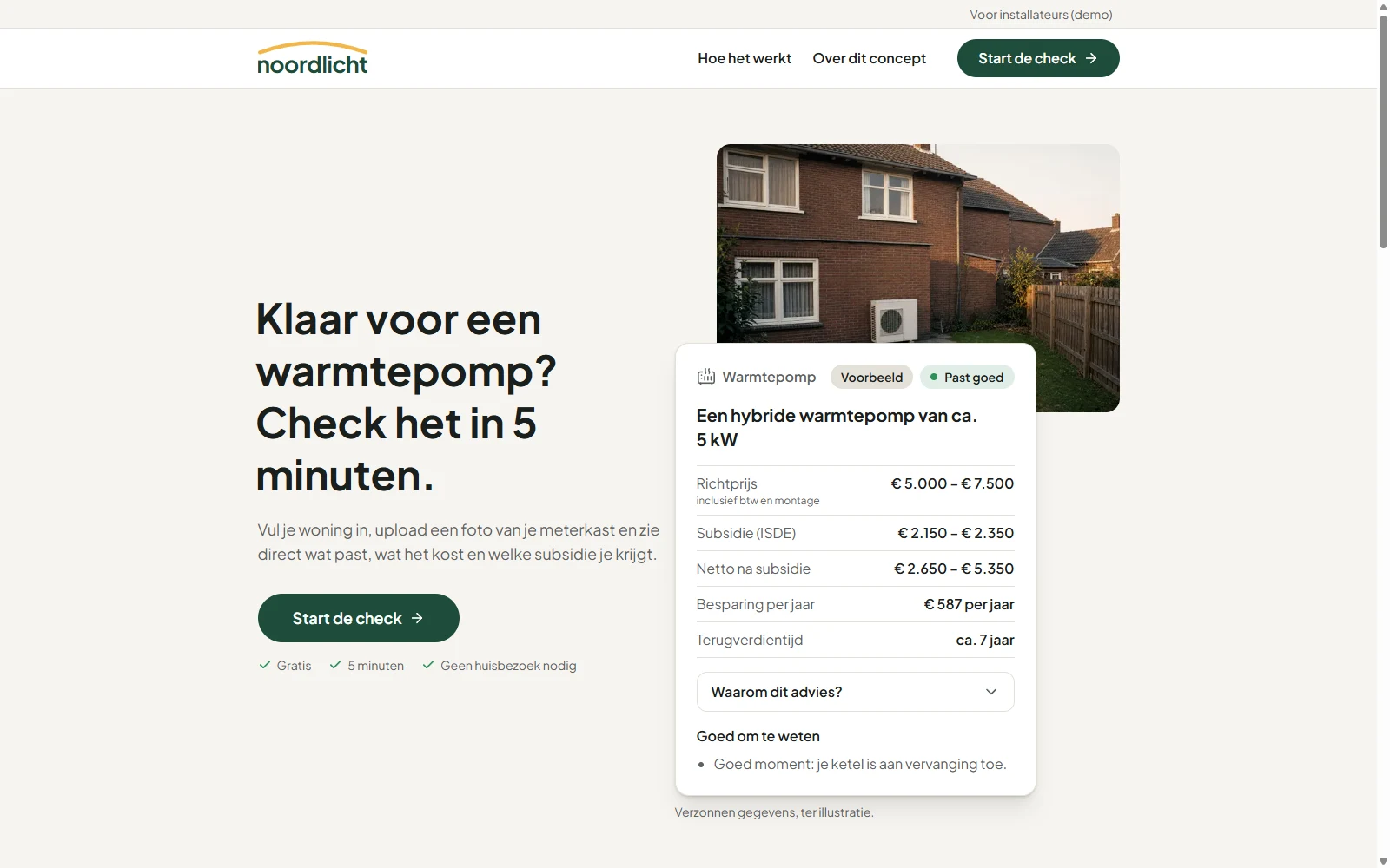 Homepage van Huisklaar met een voorbeeldadvies voor een hybride warmtepomp, richtprijs en subsidie