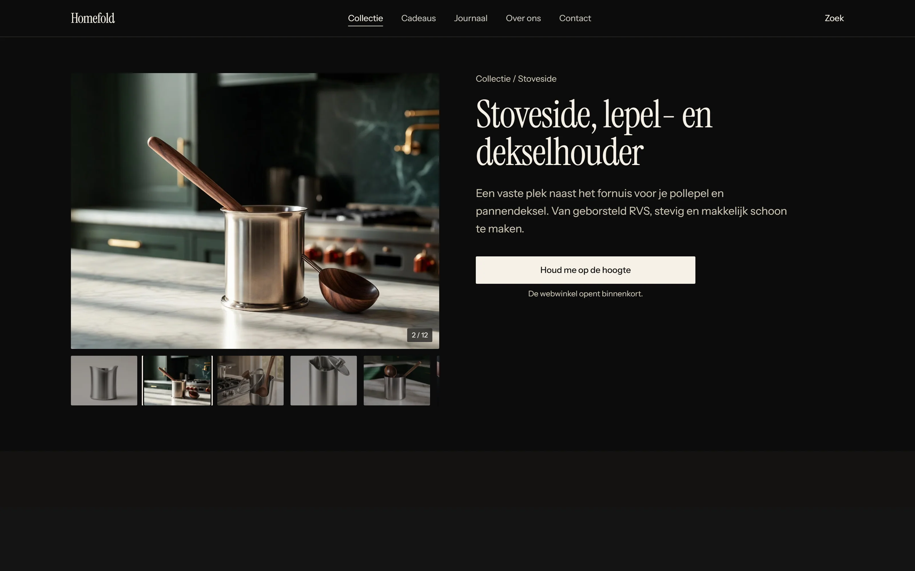 Productpagina van Stoveside met fotogalerij, voordelen en een knop voor de winkelmand